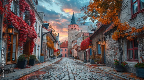 Picturesque autumn sunrise illuminates a cobblestone street lined with historic buildings and vibrant fall foliage in the quaint old town.