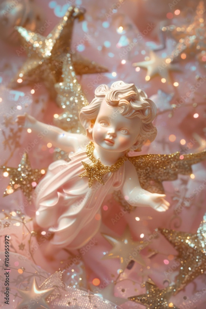 Fototapeta premium Cute little angel figurine sitting on a bed of stars. Perfect for heavenly and magical themed designs