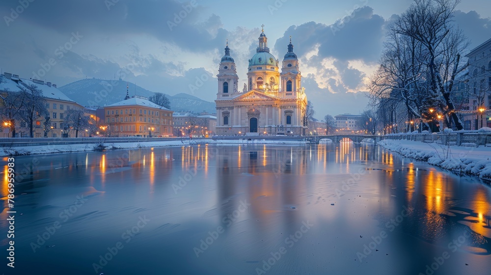 Obraz premium Serene winter evening capture of St. Charles's Church at Karlsplatz in Vienna. The scene shows snow-covered grounds and a softly glowing skyline reflected in the icy river.