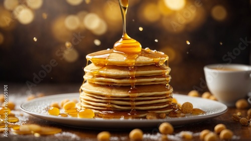 Obraz na płótnie Close-up high-resolution image of a delicious pancake with fresh and natural honey drops. w salonie