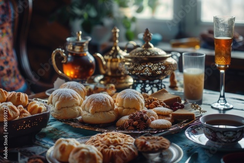 A table filled with various food and drink items. Suitable for restaurant menus or party invitations