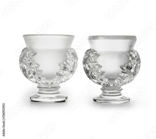 Frosted and Clear Crystal Glass Goblets with Laurel Wreath Design - Isolated on White Background, Clipping Path Included