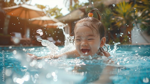 A young girl splashes water on her face in a pool. Suitable for summer and water activity concepts