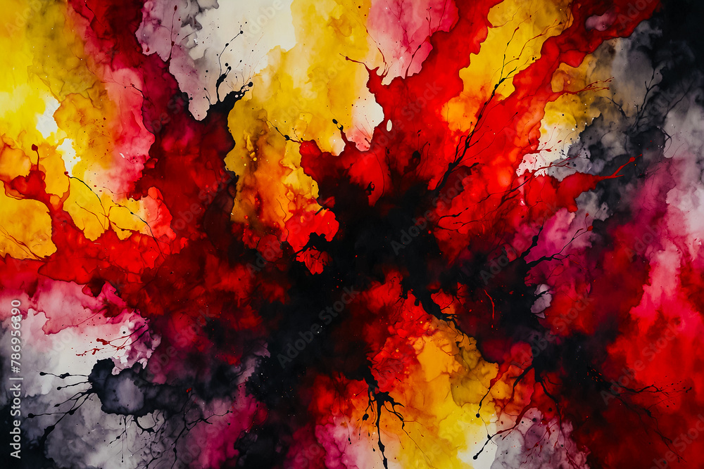 Abstract Painting Drawn With Alcohol Ink In Red And Black Color With Addition Of Yellow - obrazy, fototapety, plakaty 