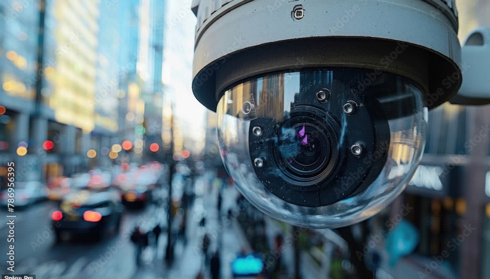 Security camera mounted on city street, overlooking vehicles and pedestrians Security camera mounted on city street, overlooking vehicles and pedestrians