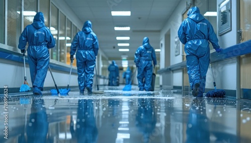 A group in electric blue protective workwear clean hospital hallway
