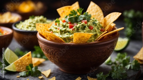 Close-up high-resolution image of a delicious guacamole with crispy tortilla chips.