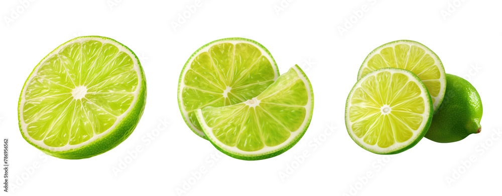 cut in half Juicy green lemon slice of lime isolated on transparent png