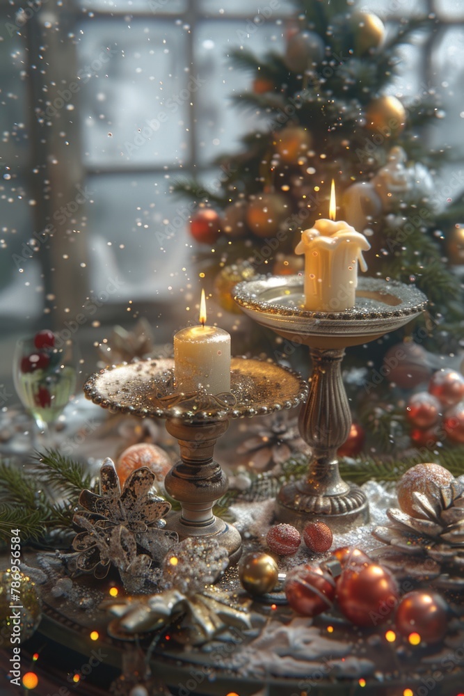 A table topped with candles next to a Christmas tree. Perfect for holiday celebrations