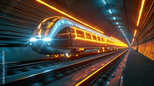 A futuristic train decorated with neon lights runs inside a tunnel.