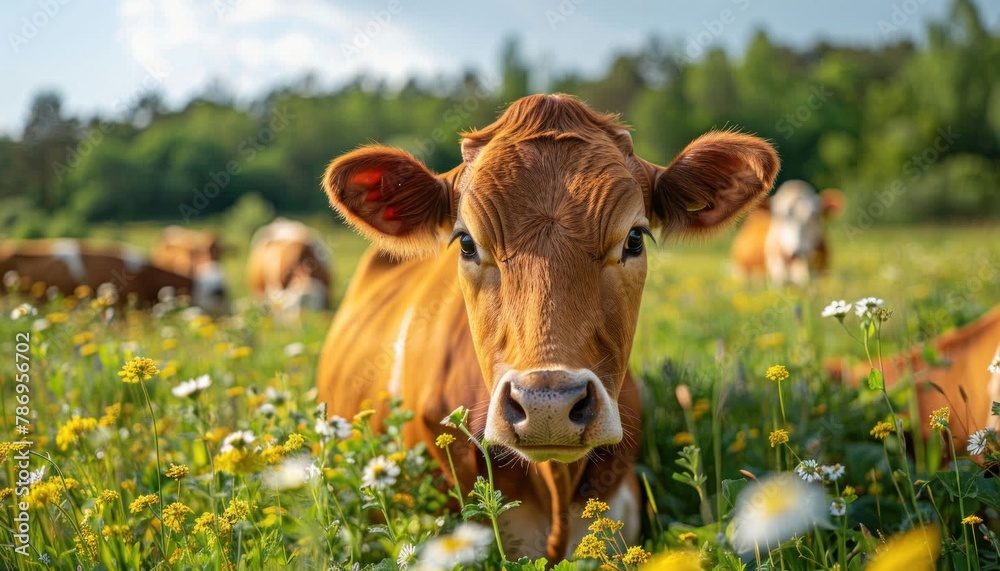 Cow gazes at camera in grassy field amidst flowers and natural landscape Cow gazes at camera in grassy field amidst flowers and natural landscape