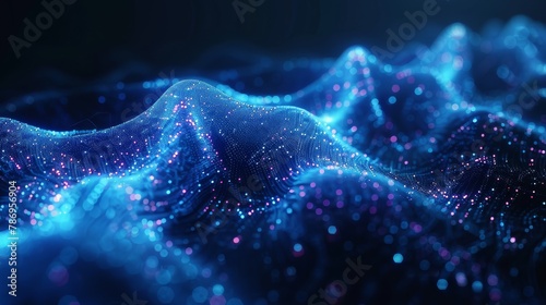 Abstract blue futuristic waves from a grid of particles lines glowing bright shiny neon digital magical energy on a dark background. Abstract background.