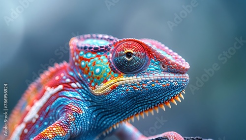 Electric blue scaled reptile on branch making eye contact with camera