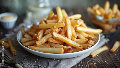 French fries served on a white plate, a staple food made by deep frying potatoes photo