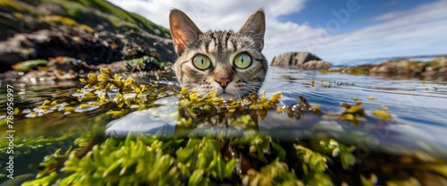 A cat's wide-eyed wonder at a sparkling tide pool, professional photography and light , Summer Background
