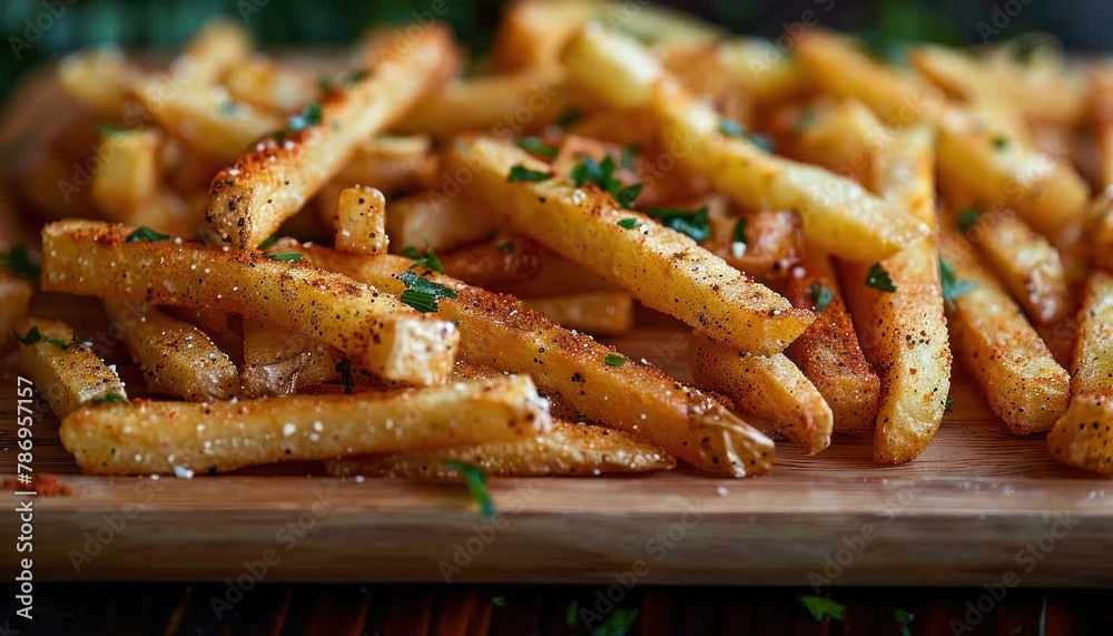 Wooden cutting board showcasing French fries topped with parsley Wooden cutting board showcasing French fries topped with parsley