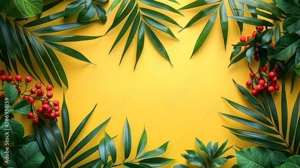 A creative layout of bamboo leaves and small, bright green tropical fruits on a vibrant yellow background, emphasizing a playful and energetic tropical theme with negative space A creative layout of bamboo leaves and small, bright green tropical fruits on a vibrant yellow background, emphasizing a playful and energetic tropical theme with negative space