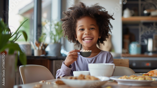 Morning Routine,American Child Enjoying Breakfast Time,Breakfast Bliss, American Child Delighting in Morning Meal,Nourishing Start, American Child Savors Breakfast Delights,Healthy Habits.