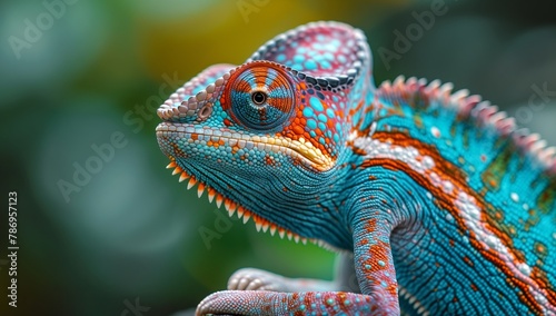 Macro photography of an electric blue chameleon on a branch