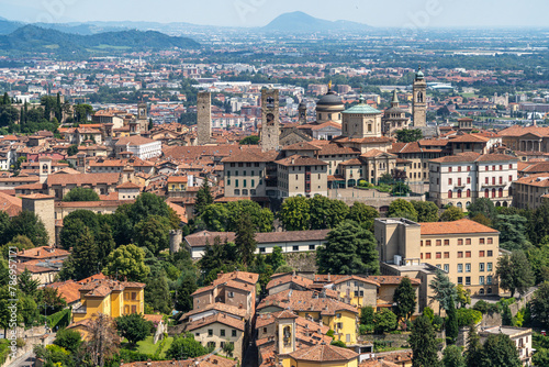 Aerial view of Bergamo old town seen from San Vigilio hill, in  Lombardy, Italy photo