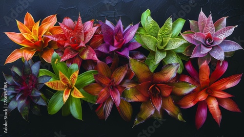 A dynamic assortment of colorful bromeliads, featuring red, green, and purple hues, arranged on a dark grey background to emphasize their unique shapes with plenty of negative space