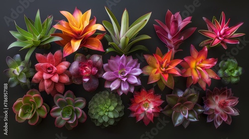 A dynamic assortment of colorful bromeliads, featuring red, green, and purple hues, arranged on a dark grey background to emphasize their unique shapes with plenty of negative space photo