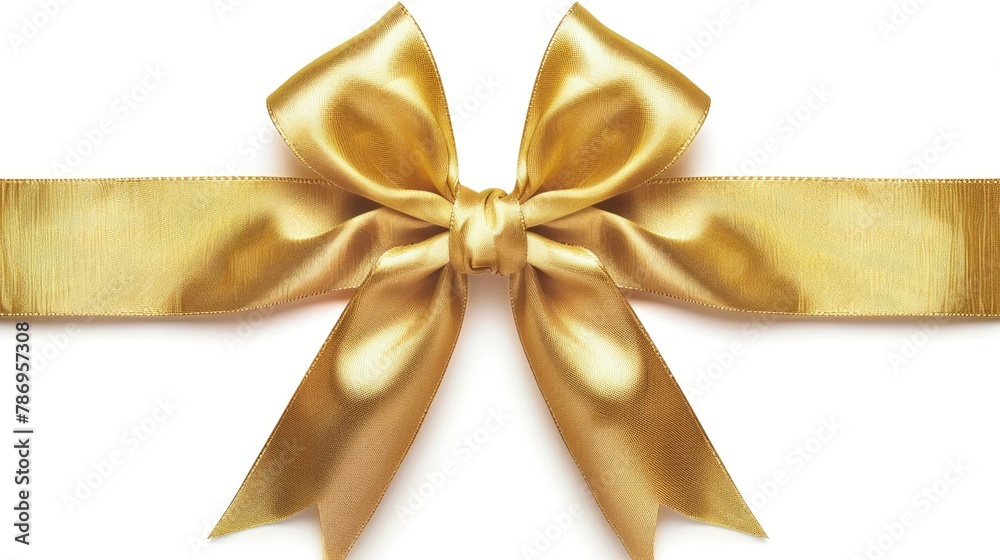Elegant gold bow on a clean white background. Perfect for gift wrapping or holiday decorations Elegant gold bow on a clean white background. Perfect for gift wrapping or holiday decorations