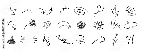 Manga or anime comic emoticon element graphic effects hand drawn doodle vector illustration set isolated on white background. Manga style doodle line expression scribble anime mark collection.