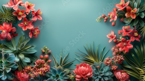 A unique composition of spiky agave plants and bright coral flowers  artfully placed on a seafoam green surface  highlighting the contrast and creating a visually striking tropical theme with negative