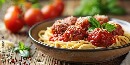 Italian-style meatballs on a rustic wooden surface, topped with savory tomato sauce.