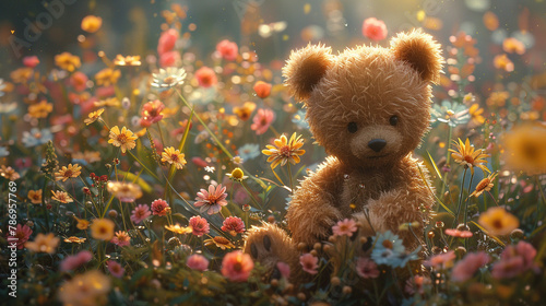 Sweet teddy bear sitting on a bed of soft green grass, surrounded by colorful wildflowers