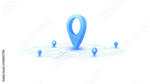 Locator position point. GPS tracking system to navigate around the city landmarks. Detailed city street map with directions to different locations. Vector illustration