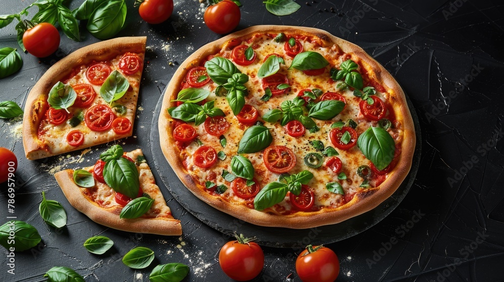 Delicious pizza with tomatoes and basil, perfect for restaurant menus or food blogs