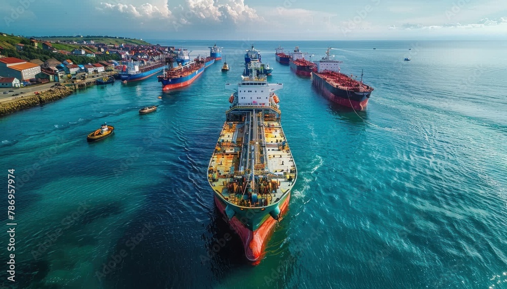 Aerial view of cargo boats on the water under a cloudy sky
