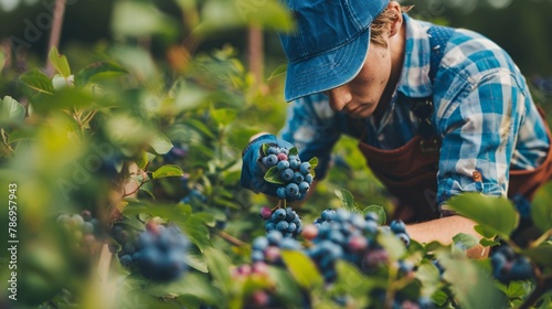 Adolescent harvesting blueberries on a household estate for seasonal employment. photo