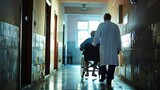 A compassionate healthcare worker assists an elderly person in a rehabilitation facility
