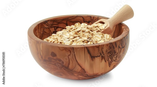 A wooden bowl filled with oats and a wooden spoon. Perfect for food and kitchen-themed designs