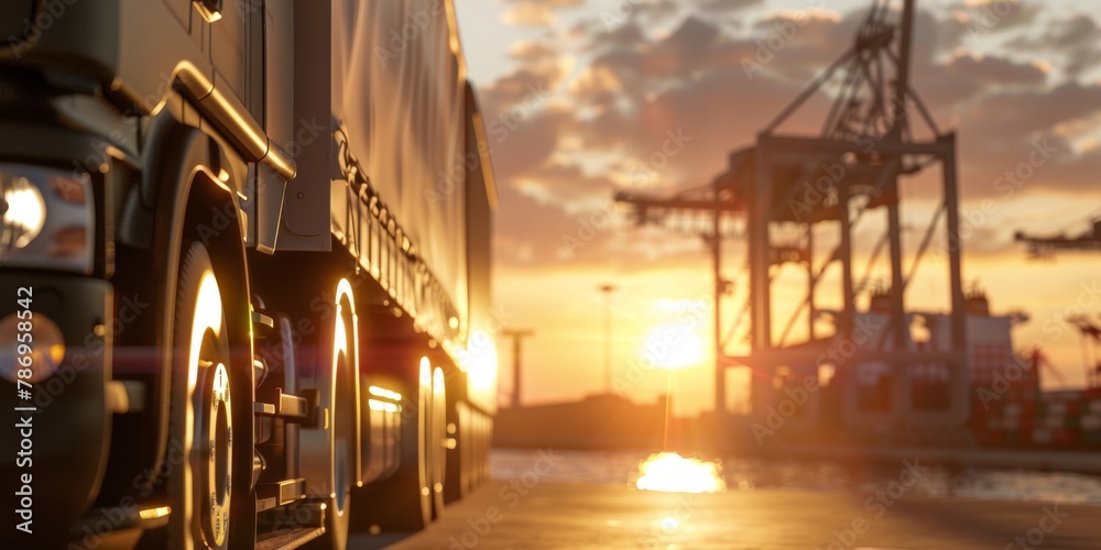 A semi-truck driving through a port area with container cranes during a vibrant sunset.