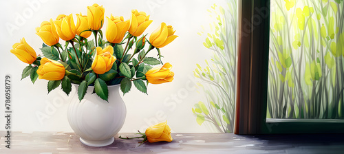 A bouquet of yellow roses about to bloom in a vase near the window