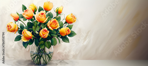 Bouquet of yellow-orange roses Blooming in a clear vase On the background of the textured watercolor picture