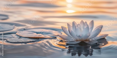 A tranquil water lily floats on calm waters bathed in the warm  golden light of sunset.