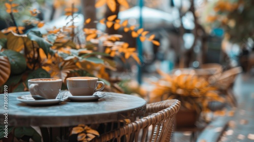 Two cups of espresso on a café table amidst a serene outdoor setting.