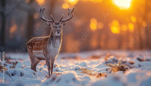 A fawn deer with horn standing in freezing snow at sunset © RichWolf