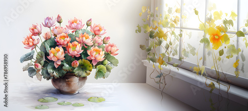 Pink lotus in a vase White background, near the window, bright morning