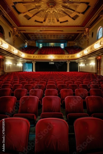An empty theater with red seats. Ideal for theater or entertainment industry concepts