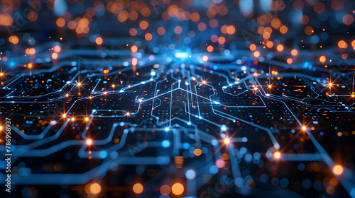 AI Quantum Brain Chip. The evolution of future technology connects the global internet network. Cyberspace is blue