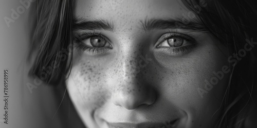 Close-up portrait of a woman with freckles. Suitable for beauty or skincare concepts