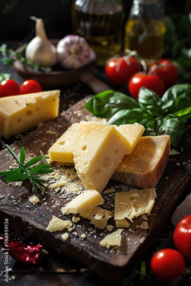 Fresh cheese and ripe tomatoes on a wooden cutting board. Perfect for food and cooking concepts