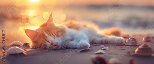 Catnap dreams filled with seashell whispers, professional photography and light , Summer Background