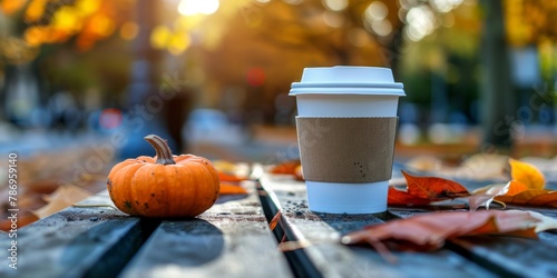 A takeaway coffee cup and a small pumpkin sit amidst fallen leaves on a wooden table, signaling a cozy autumn vibe. photo